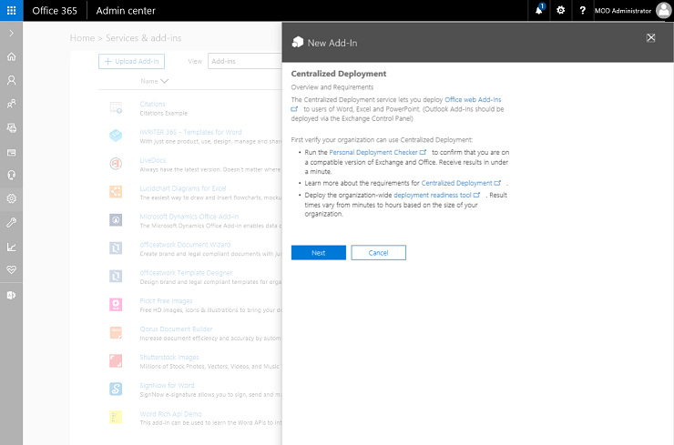 Finding a new add-in in the Office 365 Centralized Deployment service