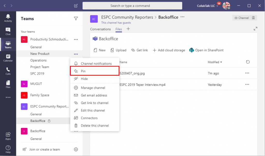 Select a channel to pin in Microsoft Teams