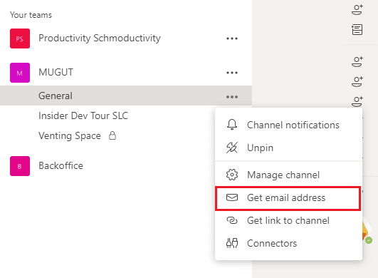 Find the email address for a Microsoft Teams channel