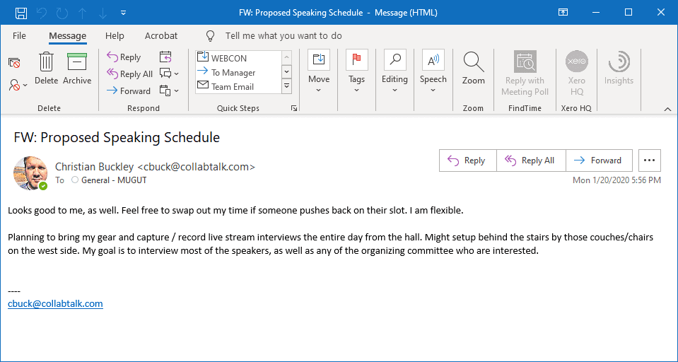 Opened email that had been shared in a Microsoft Teams channel