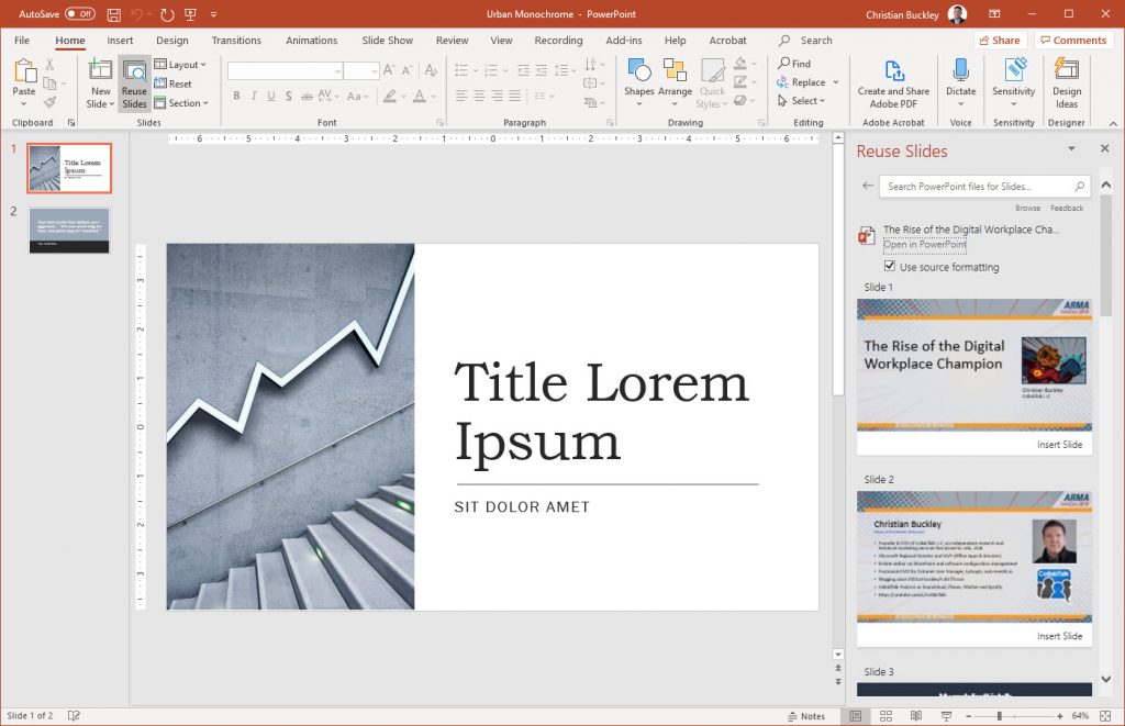 Inserting files from existing PowerPoint presentation for reuse