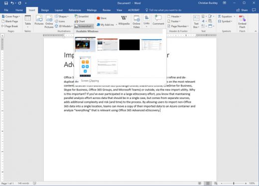 Inserting a quick screen shot into MS Word