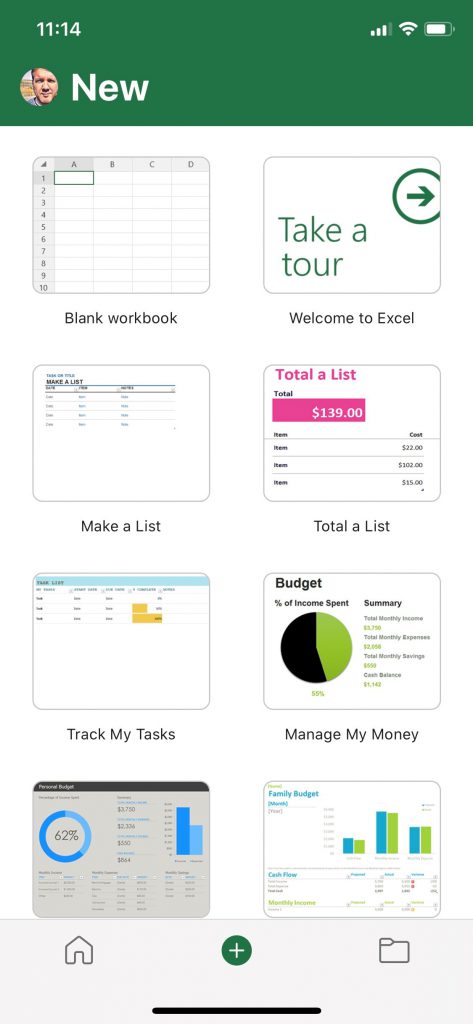 Home screen for the Excel app