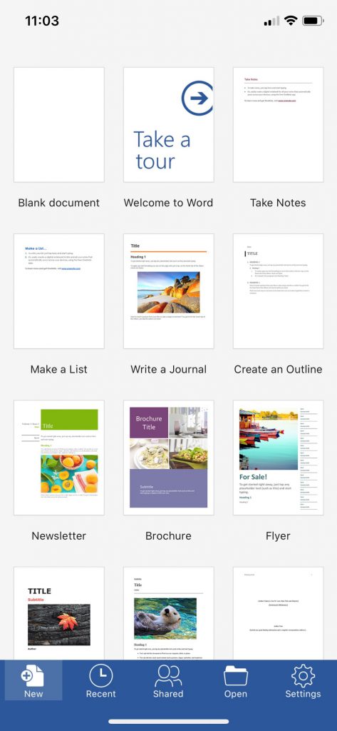 welcome page in the Mobile app for Microsoft Word