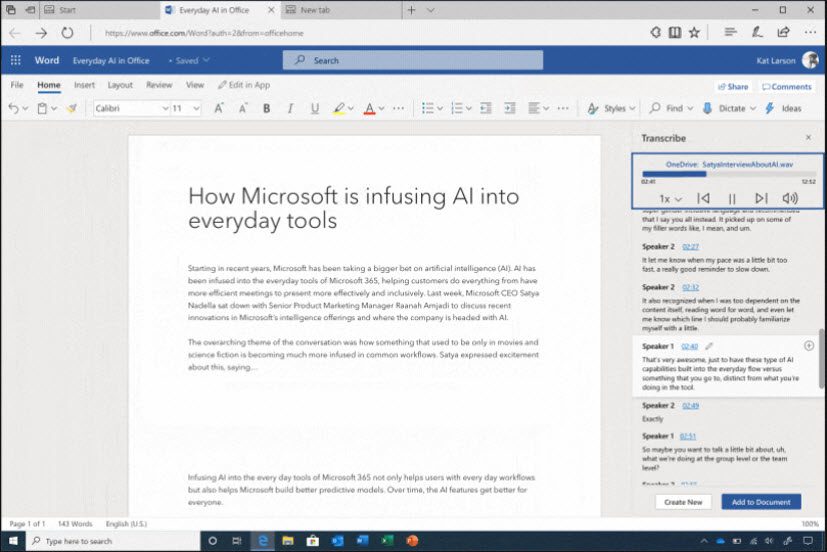 Transcribing video in Microsoft Word for the Web
