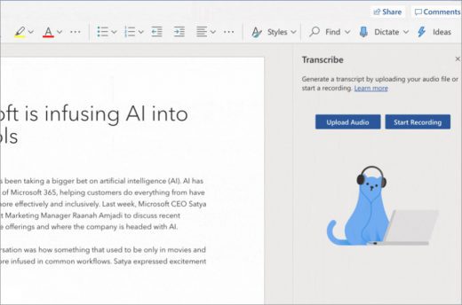 Transcribing video in Microsoft Word for the Web