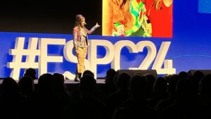 Dona Sarkar talking about AI adoption at ESPC24