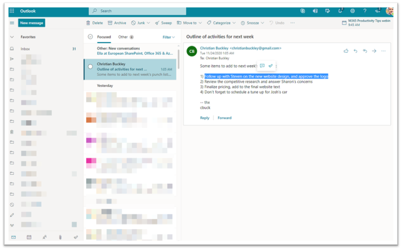 Highlight part of an email and add it as a task in Outlook