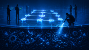 Modern editorial technology illustration in a monochromatic blue palette. A glowing workflow diagram floats perfectly balanced above a reflective glass floor. Underneath the glass, an intricate mass of tangled workflow paths, connectors, gears, branching logic, warning indicators, and circuit lines forms a chaotic underground network several times larger than the clean diagram above. A single professional stands at the edge of the glass looking downward, holding a tablet that displays a simple green status indicator while the hidden complexity glows beneath their feet. Visual style is sleek, futuristic, enterprise-focused, with holographic UI elements, glowing cyan highlights, deep navy shadows, and subtle volumetric lighting. The contrast between the clean visible layer and the overwhelming hidden layer should immediately communicate "hidden technical debt." No text. No logos. No product branding.